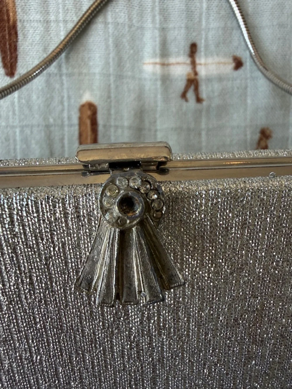 Vintage Silver Metallic Evening Clutch with Top Handle with silver clasp